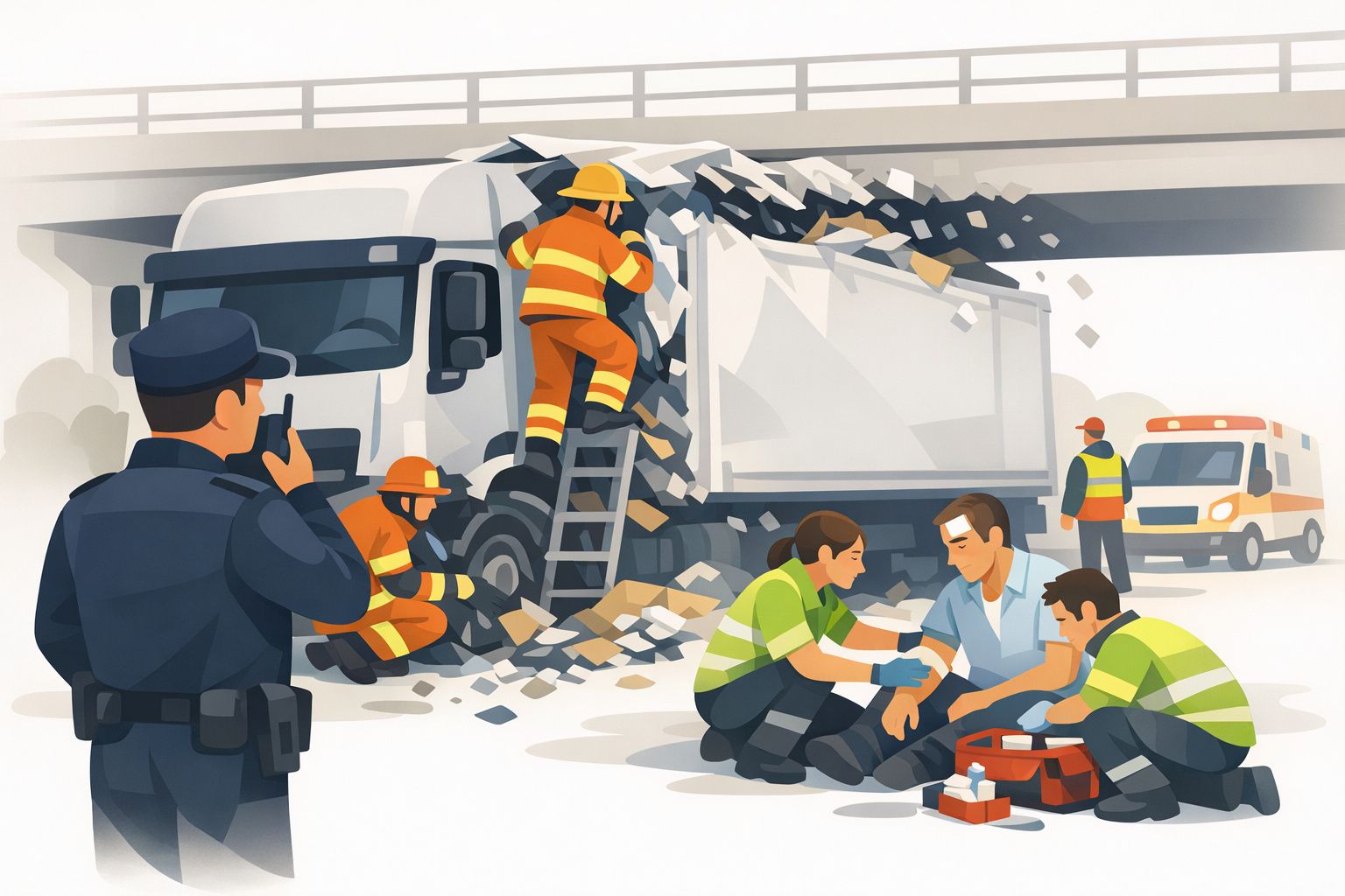 Vrachtwagen zwaar beschadigd na aanrijding met viaduct